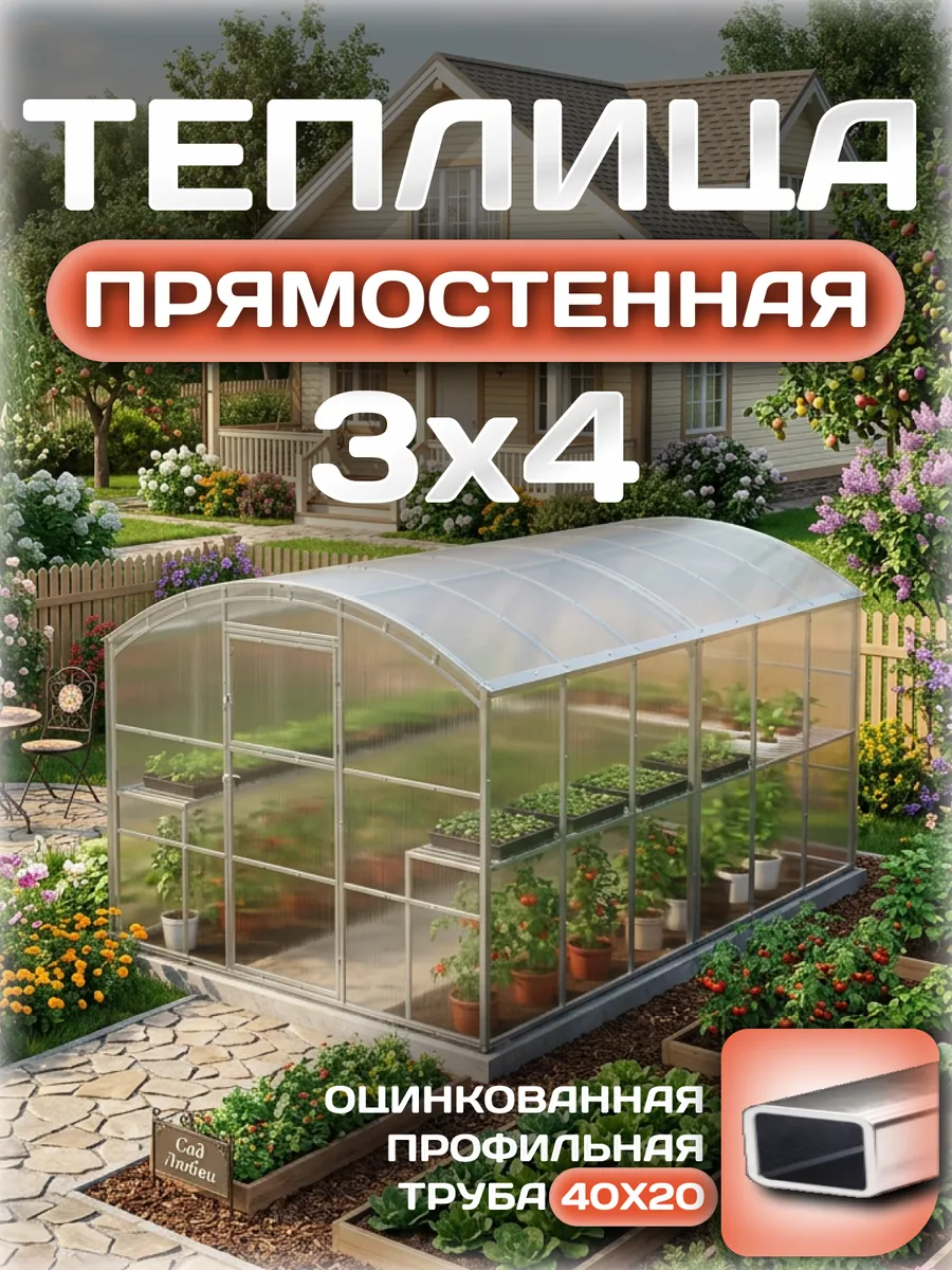 Теплица прямостенная 3х4 м, каркас 40х20, шаг дуг 0.65 м усиленная с поликарбонатом 4 мм 0,60 кг/м²